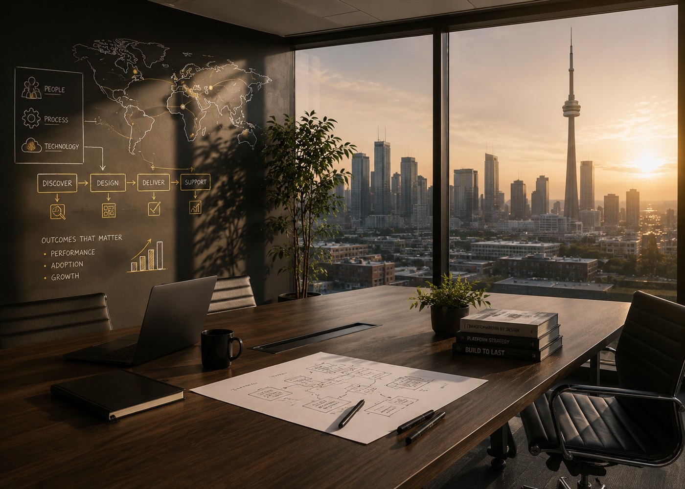The Vaydos boardroom in Toronto at sunset, overlooking the city